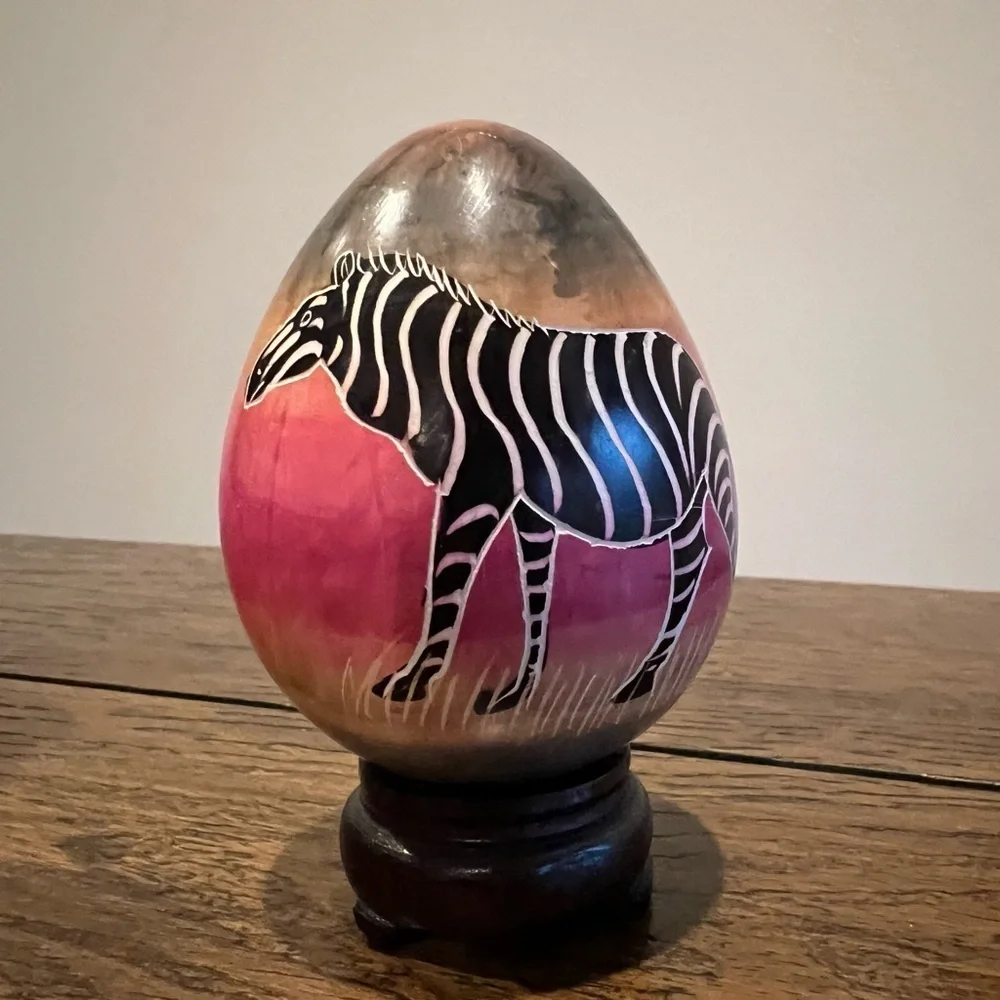 Hand Painted Soapstone Egg African Wildlife Mural Scene Zebra Trees